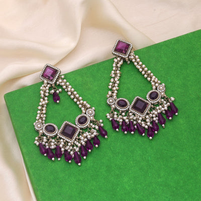 Purple Color Kundan Earrings Designed For Elegant Evening Ethnic Wear