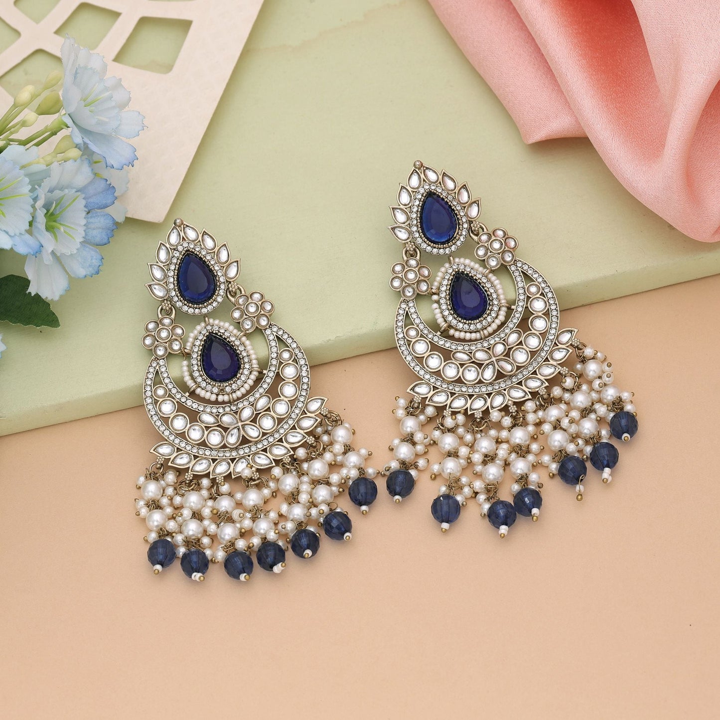 Blue Color Kundan Earrings Inspired By Traditional Indian Aesthetics