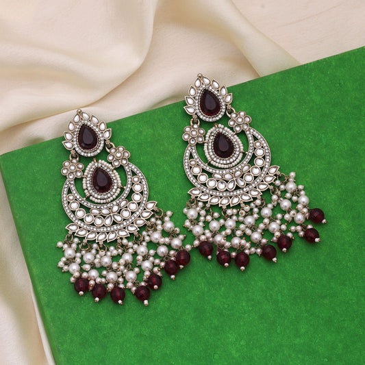 Maroon Color Kundan Earrings Styled For Rich Traditional Looks