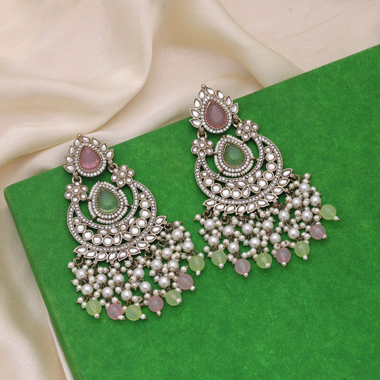 Pink & Pista Green Color Kundan Earrings Designed For Festive Grace