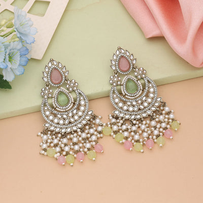 Pink & Pista Green Color Kundan Earrings Designed For Festive Grace
