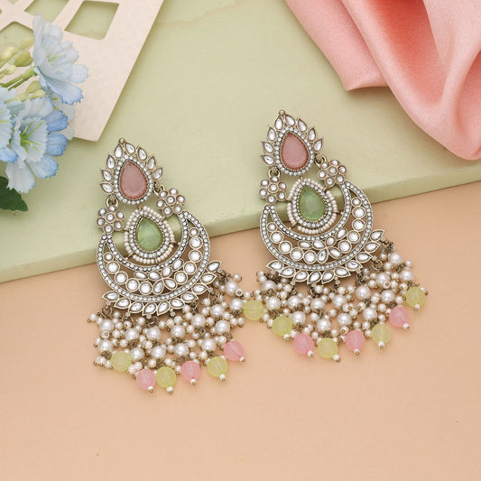 Pink & Pista Green Color Kundan Earrings Designed For Festive Grace