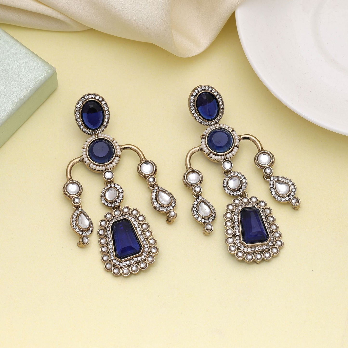 Blue Color Kundan Earrings Designed For Graceful Party And Festive Wear