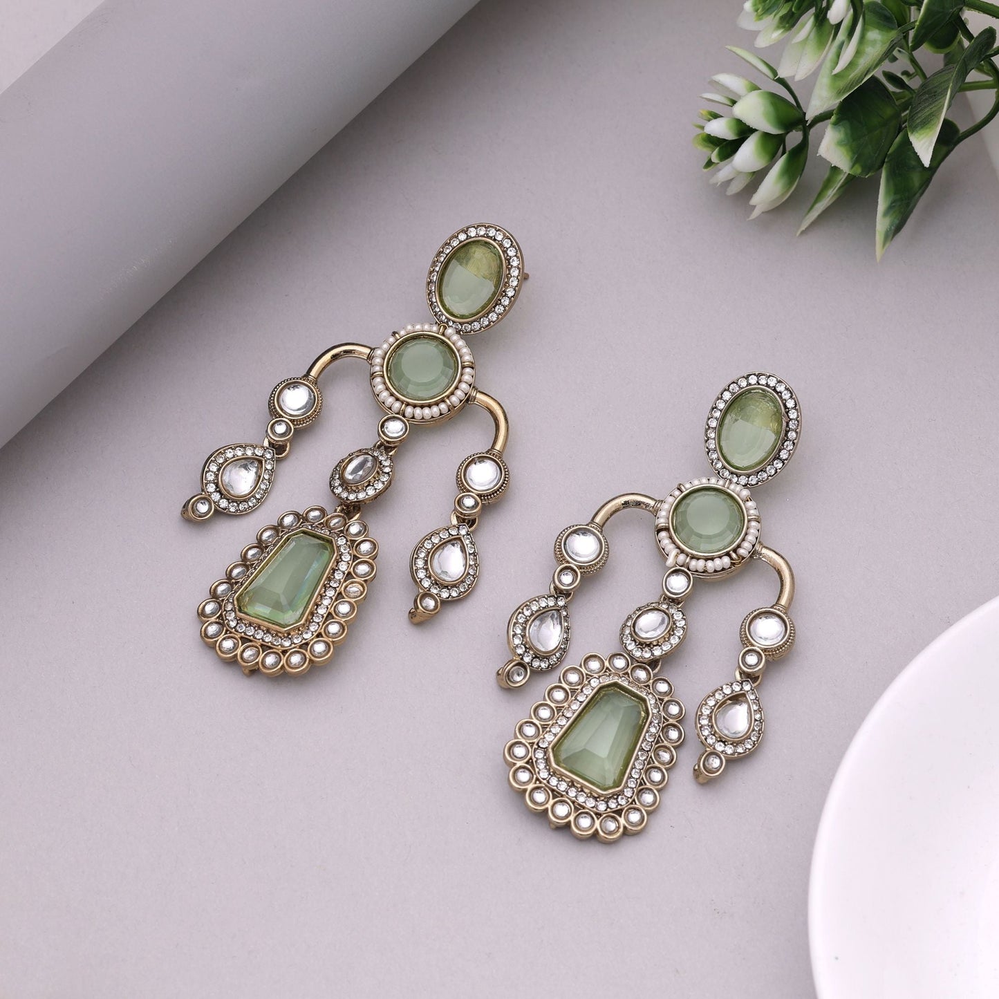 Pista Green Color Kundan Earrings Designed For Subtle Ethnic Elegance