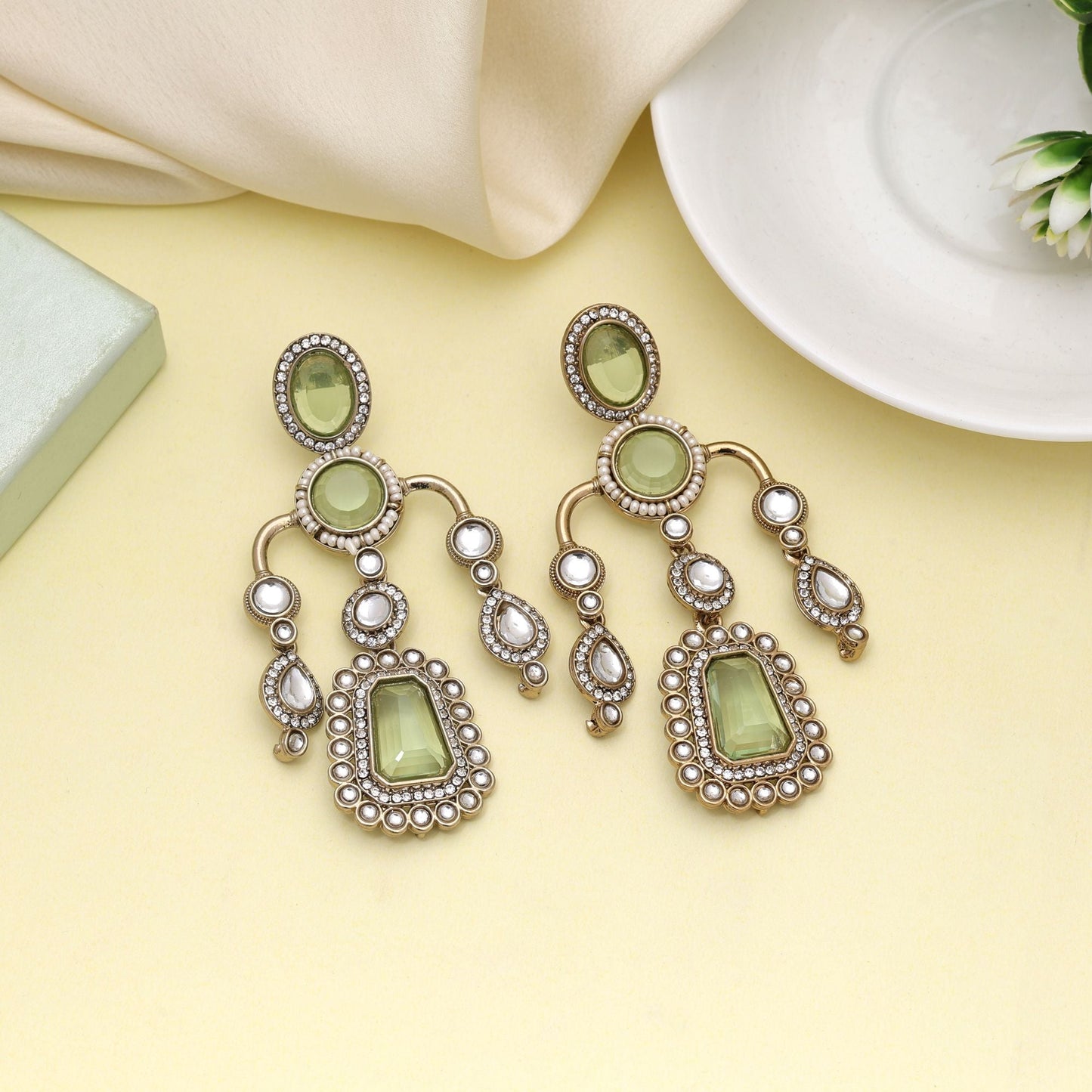 Pista Green Color Kundan Earrings Designed For Subtle Ethnic Elegance