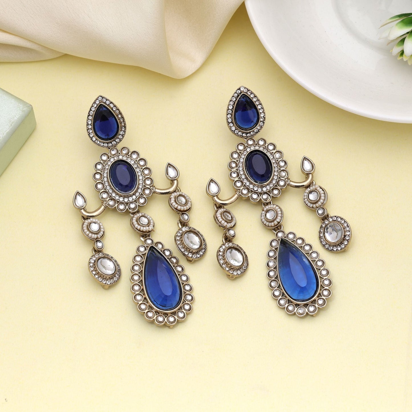Blue Color Kundan Earrings Crafted For Elegant Ethnic Party Wear