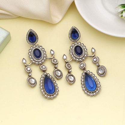 Blue Color Kundan Earrings Crafted For Elegant Ethnic Party Wear