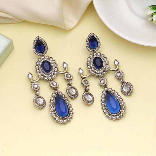 Blue Color Kundan Earrings Crafted For Elegant Ethnic Party Wear