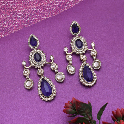 Blue Color Kundan Earrings Crafted For Elegant Ethnic Party Wear