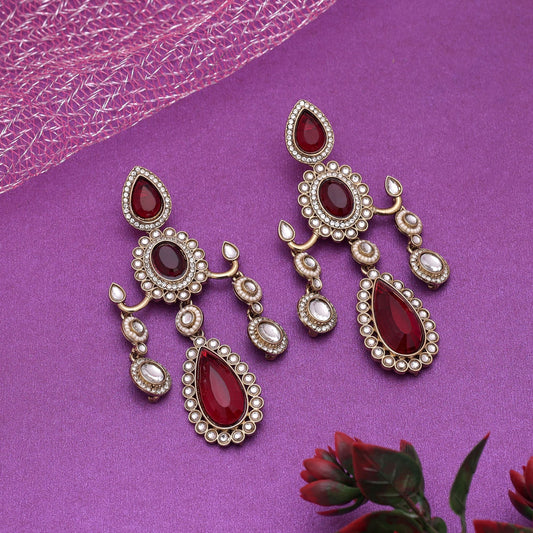 Maroon Color Kundan Earrings Designed For Wedding And Cultural Wear