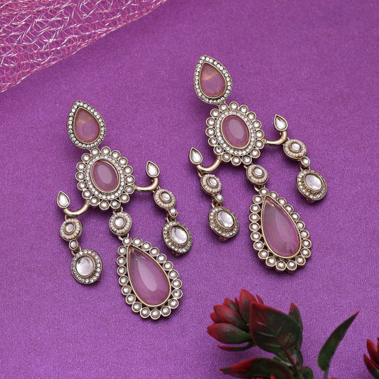 Pink Color Kundan Earrings Styled For Modern Traditional Fashion