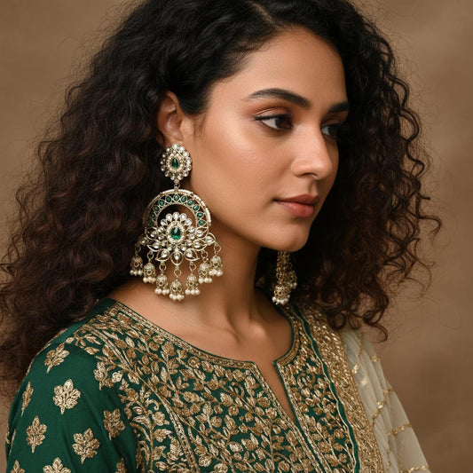 Green Color Kundan Earrings Designed For Elegant Traditional Styling