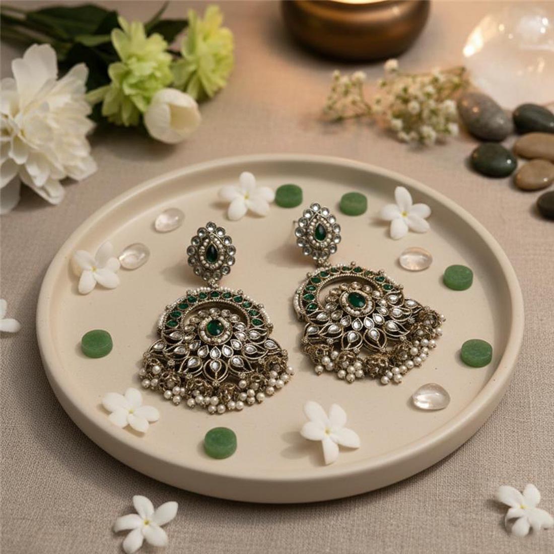 Green Color Kundan Earrings Designed For Elegant Traditional Styling