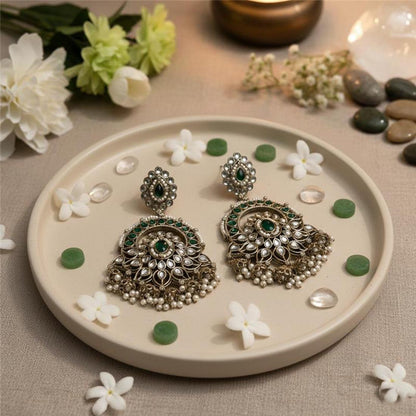 Green Color Kundan Earrings Designed For Elegant Traditional Styling