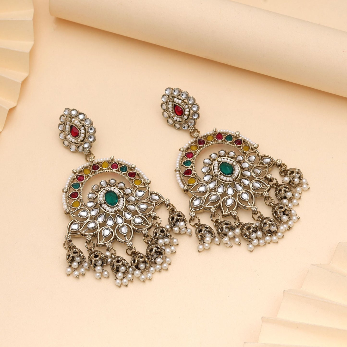 Multi Color Kundan Earrings Crafted For Wedding And Celebration Wear