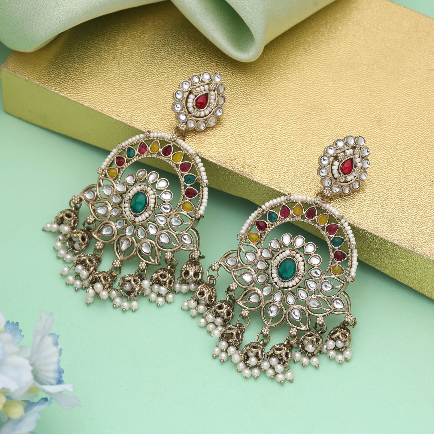 Multi Color Kundan Earrings Crafted For Wedding And Celebration Wear