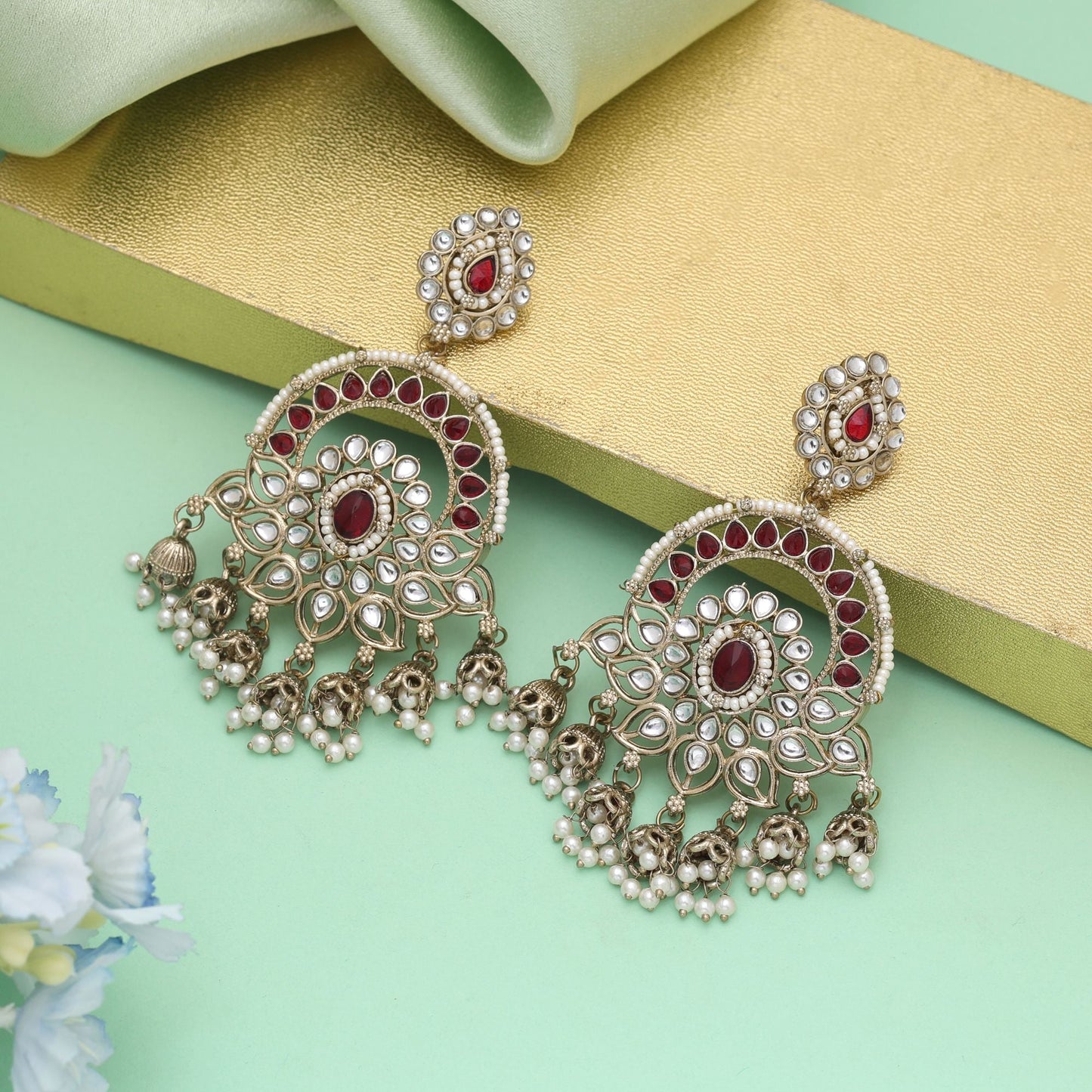 Maroon Color Kundan Earrings Crafted For Rich Festive Fashion