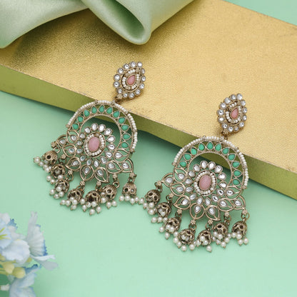 Pink & Pista Green Color Kundan Earrings With Dual Tone Elegance