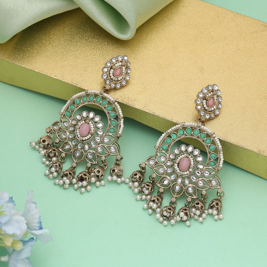Pink & Pista Green Color Kundan Earrings With Dual Tone Elegance