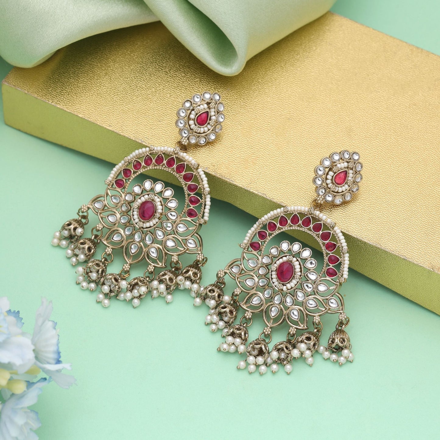 Rani Color Kundan Earrings Designed For Bridal And Festive Occasions