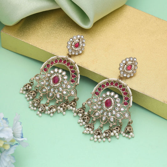 Rani Color Kundan Earrings Designed For Bridal And Festive Occasions