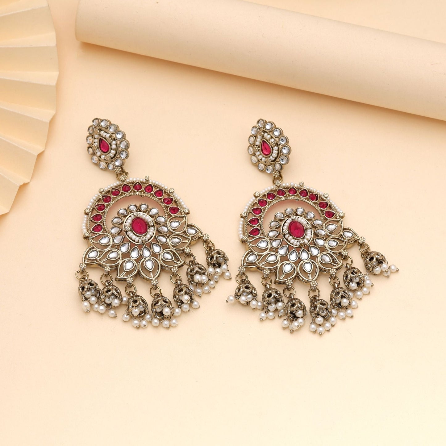 Rani Color Kundan Earrings Designed For Bridal And Festive Occasions