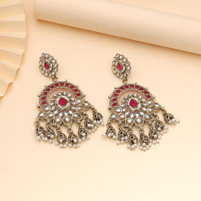 Rani Color Kundan Earrings Designed For Bridal And Festive Occasions