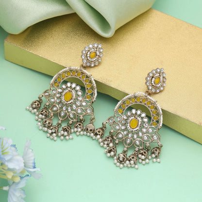 Yellow Color Kundan Earrings Designed For Vibrant Festive Outfits