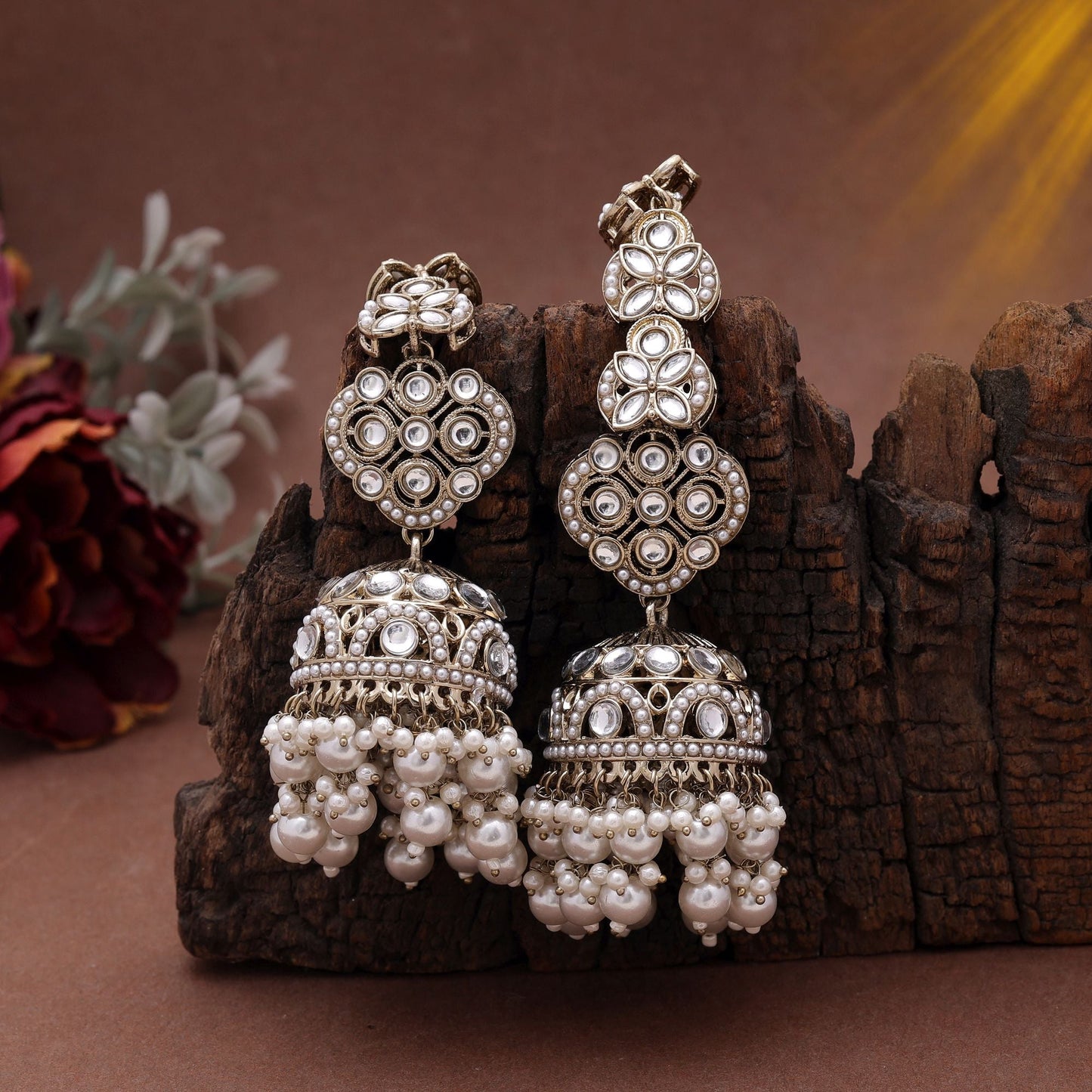 White Color Big Size Jhumka Kundan Earrings With Traditional Color Kundan Earrings Style