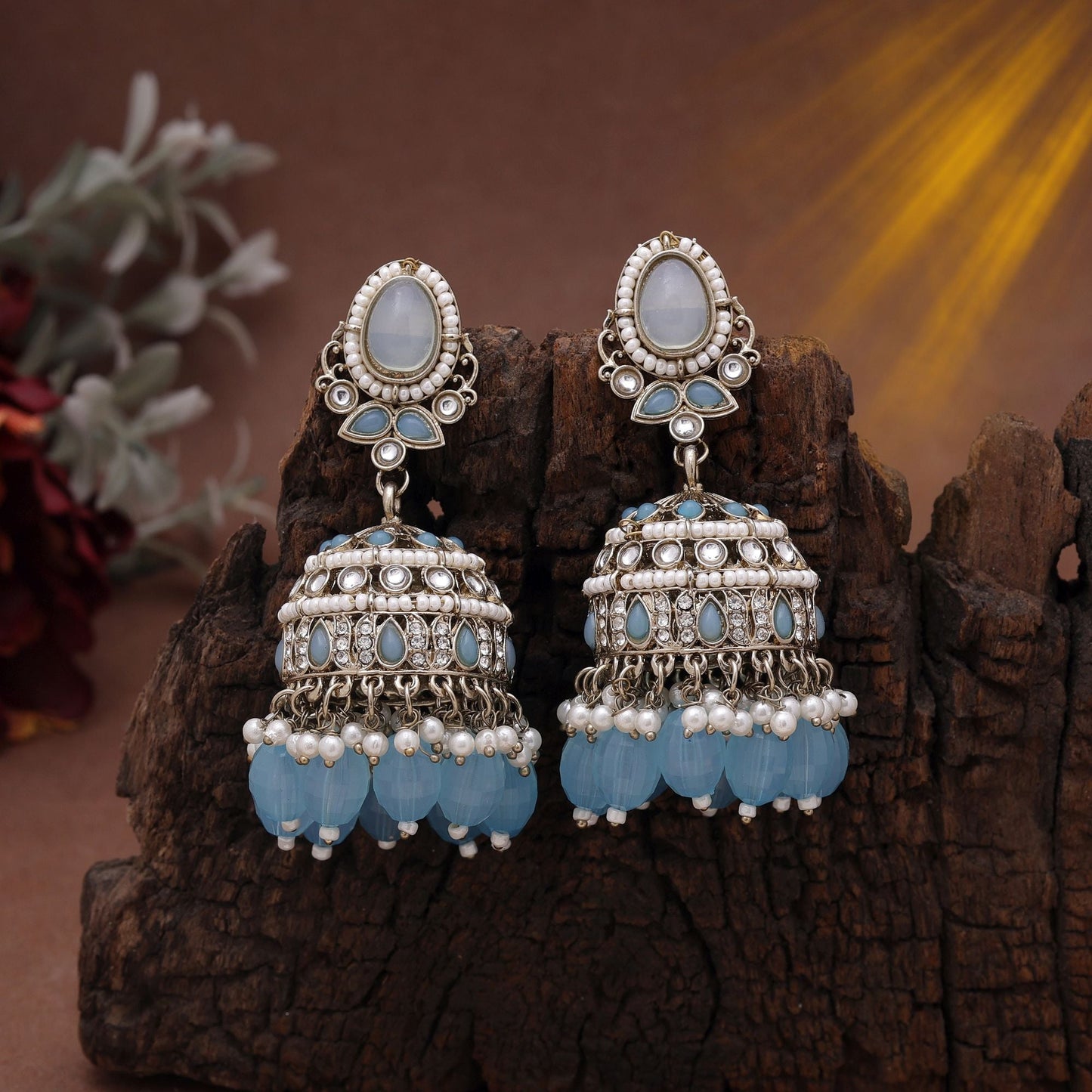Sky Blue Color Kundan Earrings Featuring Soft Kundan Earrings Tikka Set Look