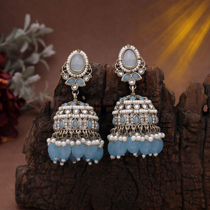 Sky Blue Color Kundan Earrings Featuring Soft Kundan Earrings Tikka Set Look