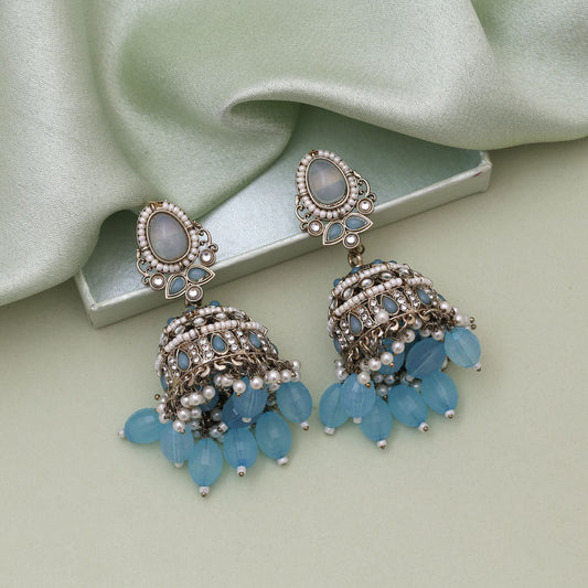 Sky Blue Color Kundan Earrings Featuring Soft Kundan Earrings Tikka Set Look