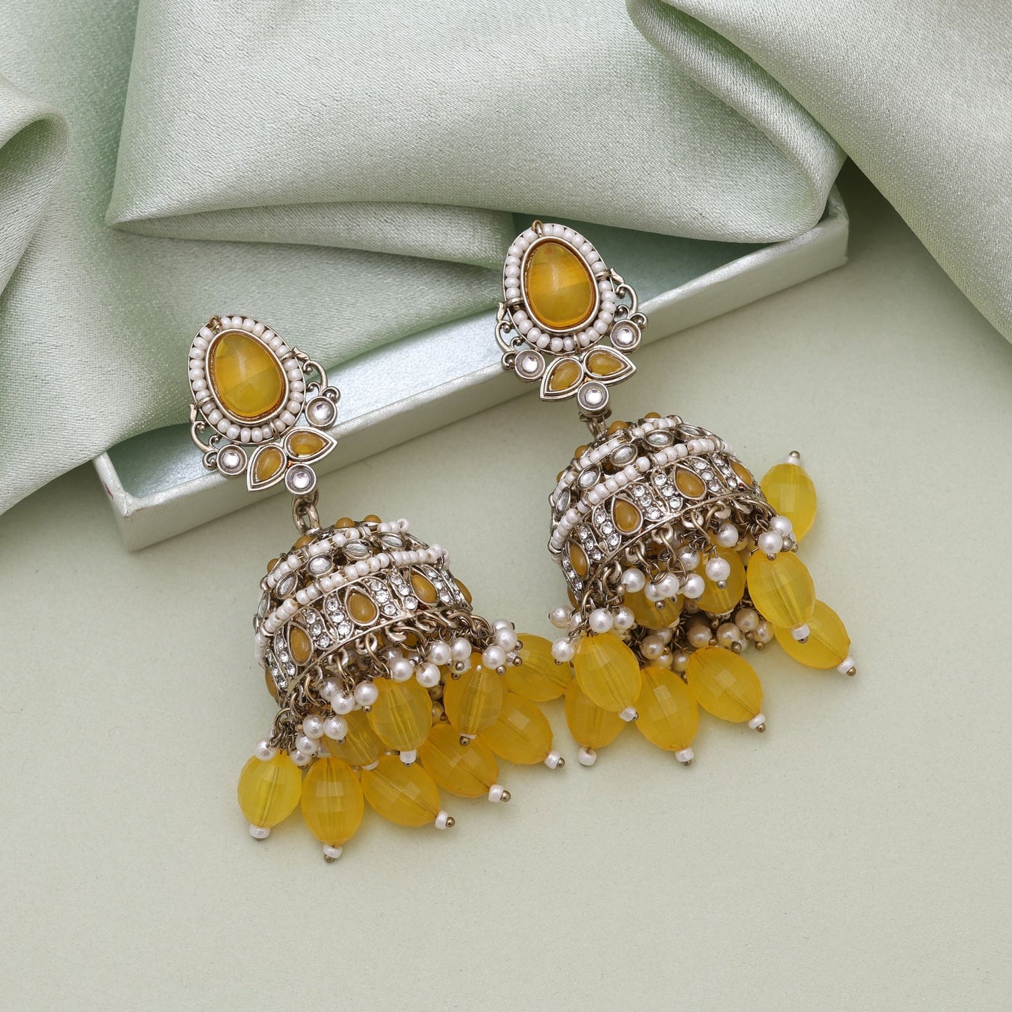 Yellow Color Kundan Earrings With Bright Festive Kundan Earrings Tikka Set