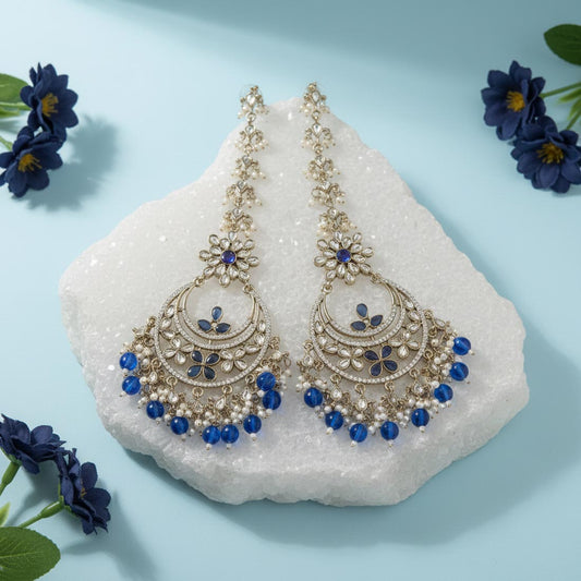 Blue Color Kundan Earrings With Elegant Kundan Earrings Tikka Set Finish