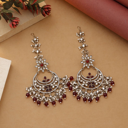 Maroon Color Kundan Earrings Crafted For Royal Kundan Earrings Tikka Set