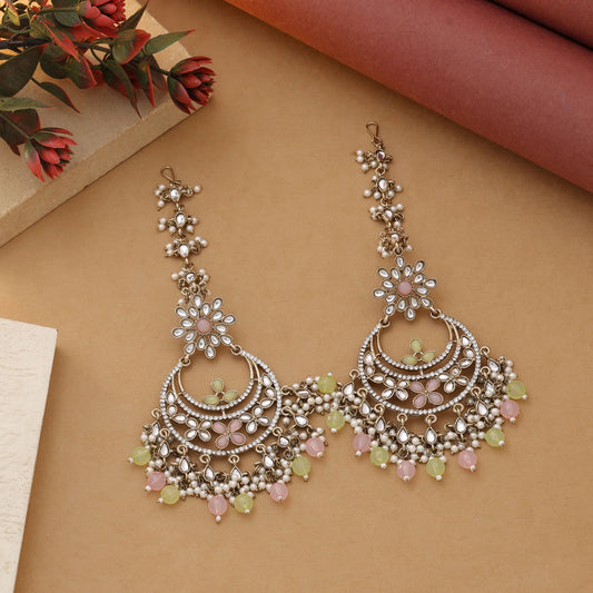 Pink & Pista Green Color Kundan Earrings With Dual Tone Kundan Earrings Tikka Set