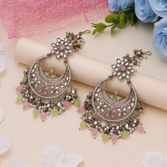 Pink & Pista Green Color Kundan Earrings With Dual Tone Kundan Earrings Tikka Set