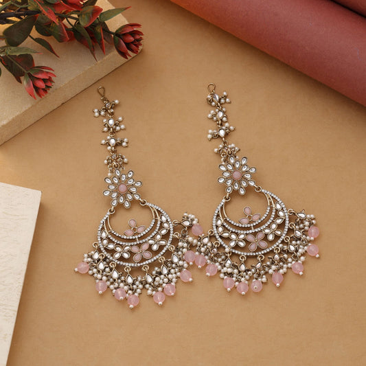 Pink Color Kundan Earrings Designed For Matching Kundan Earrings Tikka Set