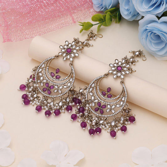Purple Color Kundan Earrings With Festive Kundan Earrings Tikka Set Look
