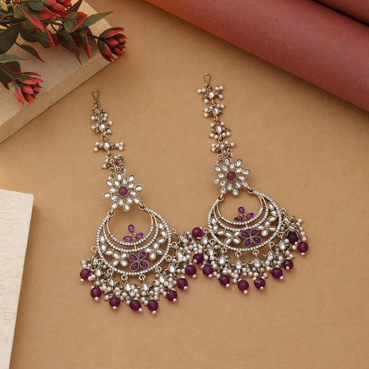 Purple Color Kundan Earrings With Festive Kundan Earrings Tikka Set Look