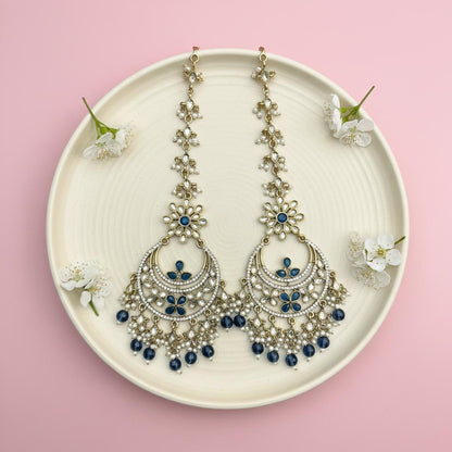 Turquoise Blue Color Kundan Earrings Styled For Festive Kundan Earrings Tikka Set