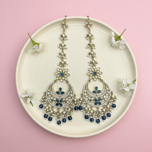 Turquoise Blue Color Kundan Earrings Styled For Festive Kundan Earrings Tikka Set