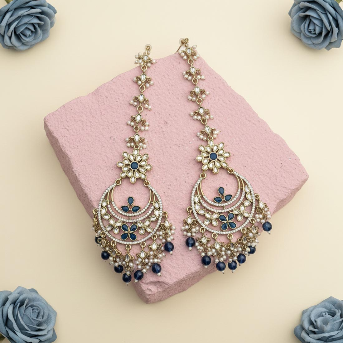 Turquoise Blue Color Kundan Earrings Styled For Festive Kundan Earrings Tikka Set