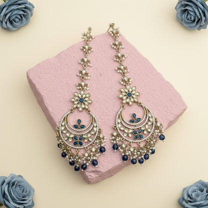 Turquoise Blue Color Kundan Earrings Styled For Festive Kundan Earrings Tikka Set