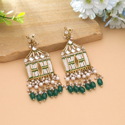 Green Color Elegant Traditional Party Wear Kundan Earrings With Classic Ethnic Design