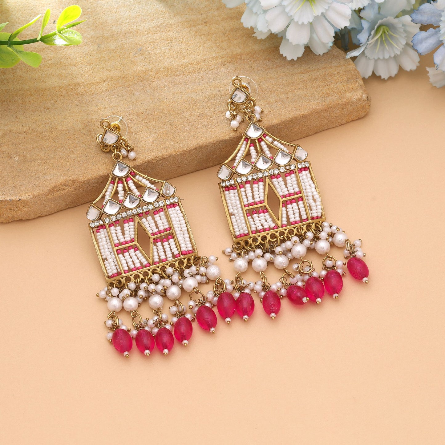Rani Color Royal Wedding Style Kundan Earrings With Designer Ethnic Look