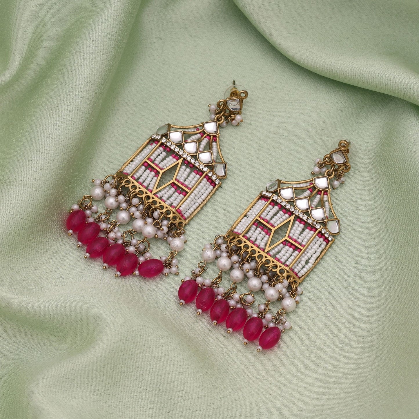 Rani Color Royal Wedding Style Kundan Earrings With Designer Ethnic Look