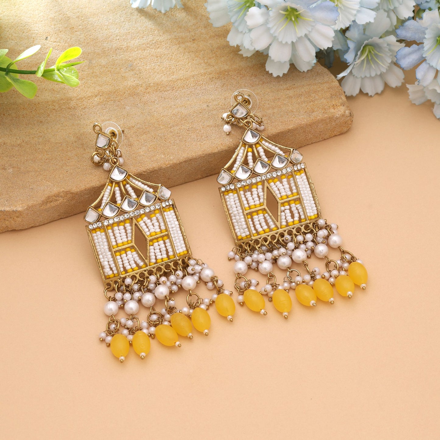 Yellow Color Festive Wear Traditional Kundan Earrings With Elegant Stone Work