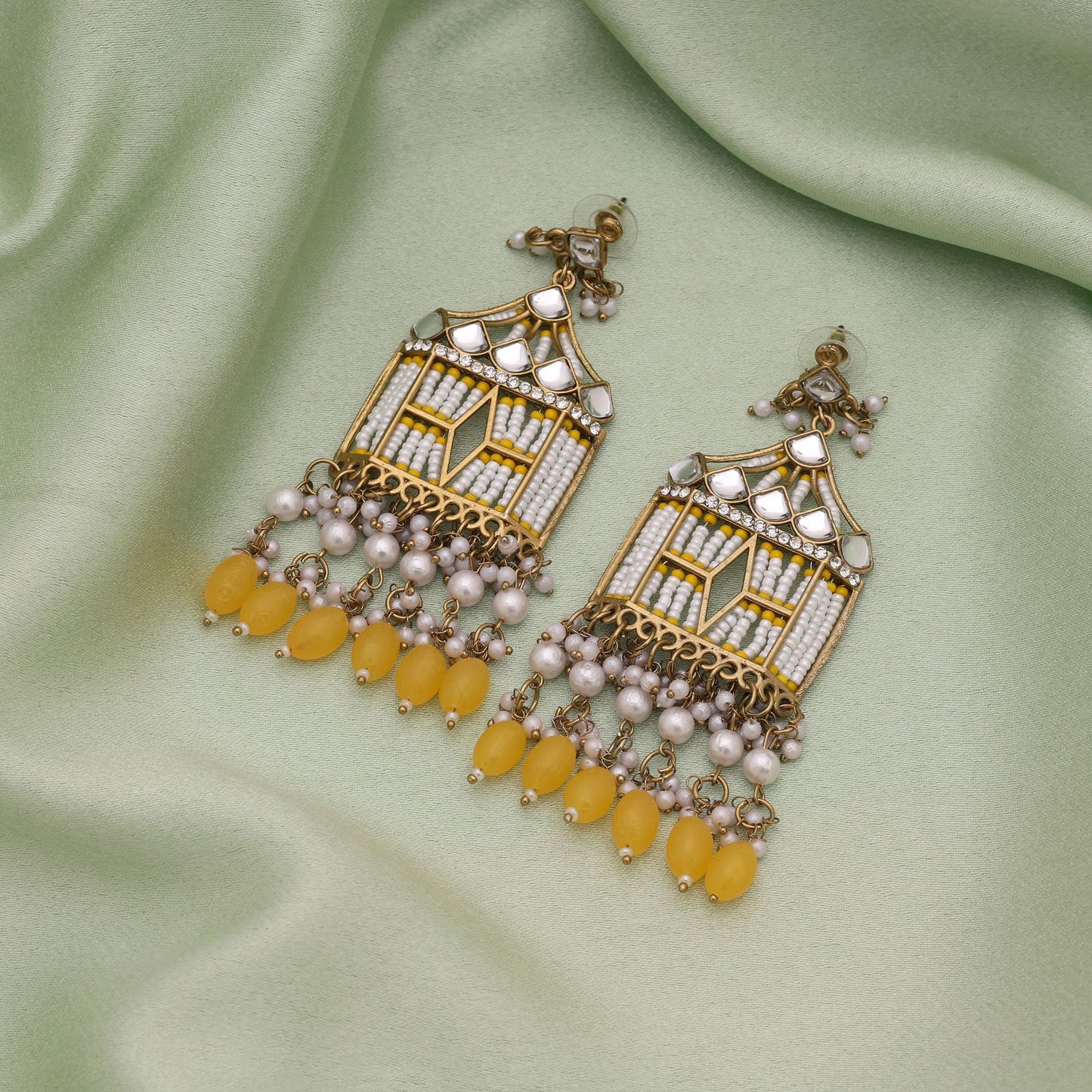 Yellow Color Festive Wear Traditional Kundan Earrings With Elegant Stone Work