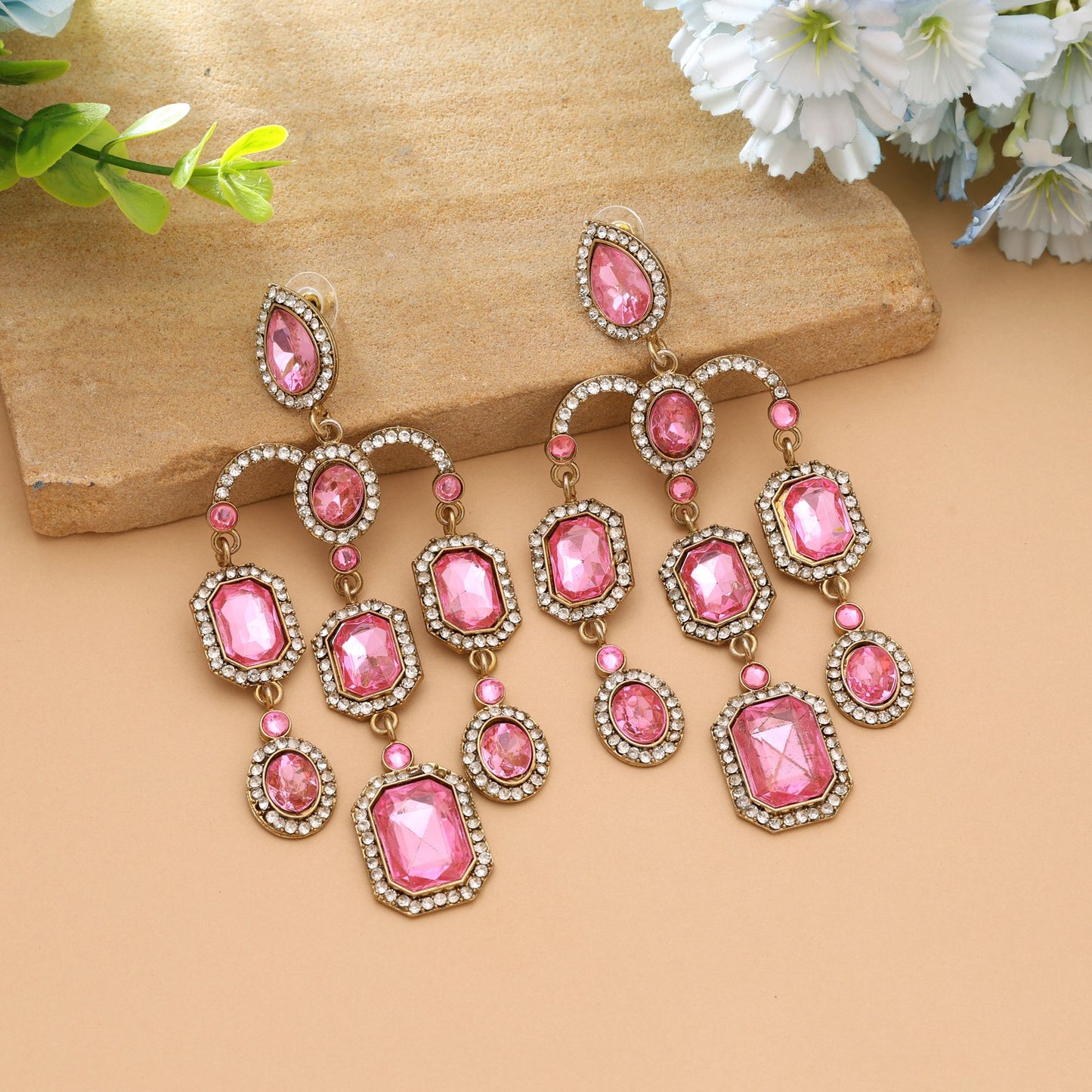 Pink Color Fashionable Party Wear Kundan Earrings With Elegant Traditional Look